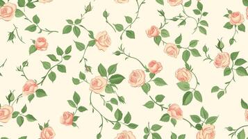 Peach-colored roses and green leaves pattern on a white background, in a vintage style, seamless wallpaper, with a pastel color palette. Generated by artificial intelligence. photo