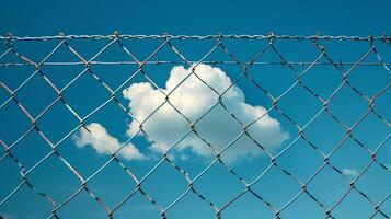 Clouds in the blue sky behind an open chain link fence. photo