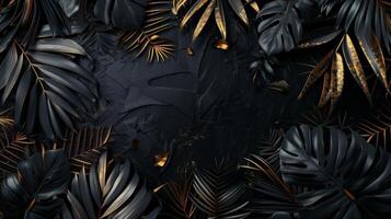 Black dark black cool background dark black and gold tropical leavs. Generated by artificial intelligence. photo