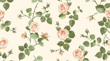 Peach-colored roses and green leaves pattern on a white background, in a vintage style, seamless wallpaper, with a pastel color palette. Generated by artificial intelligence. photo