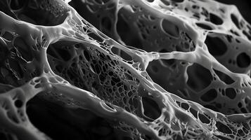un alta resolución, monocromo micrografia de un intrincado red de fibras en el piel parecido a fluido agua en el oscuro antecedentes. generado por artificial inteligencia. foto