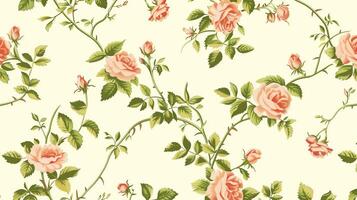 Peach-colored roses and green leaves pattern on a white background, in a vintage style, seamless wallpaper, with a pastel color palette. Generated by artificial intelligence. photo