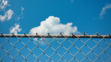 Clouds in the blue sky behind an open chain link fence. photo