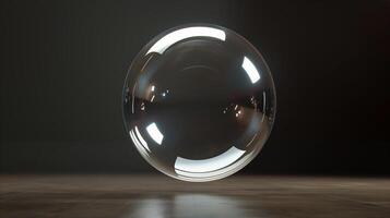 A sphere made of glass, clear and transparent, front view, black background, glass bubble. Generated by artificial intelligence. photo