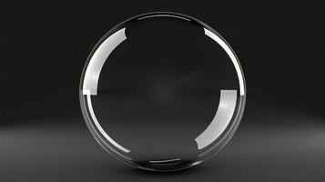 A sphere made of glass, clear and transparent, front view, black background, glass bubble. Generated by artificial intelligence. photo