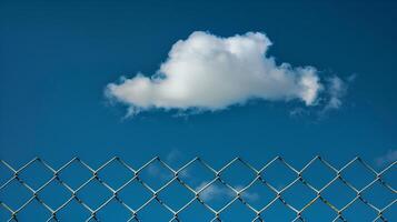 Clouds in the blue sky behind an open chain link fence. photo