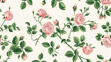 Peach-colored roses and green leaves pattern on a white background, in a vintage style, seamless wallpaper, with a pastel color palette. Generated by artificial intelligence. photo