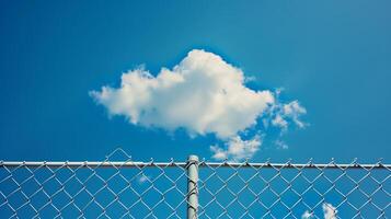 Clouds in the blue sky behind an open chain link fence. photo