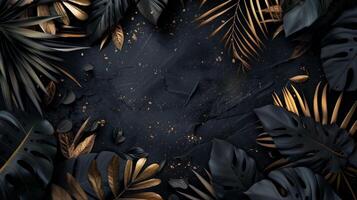 Black dark black cool background dark black and gold tropical leavs. Generated by artificial intelligence. photo