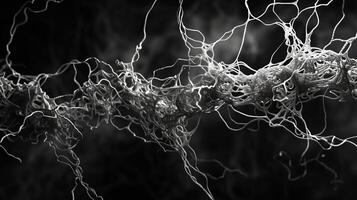 A high-resolution, monochrome micrograph of an intricate network of fibers in the skin resembling flowing water on the dark background. Generated by artificial intelligence. photo