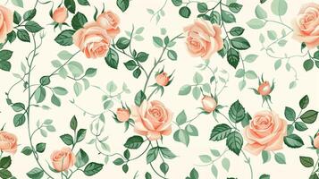 Peach-colored roses and green leaves pattern on a white background, in a vintage style, seamless wallpaper, with a pastel color palette. Generated by artificial intelligence. photo