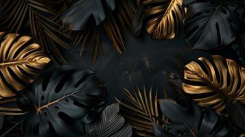 Black dark black cool background dark black and gold tropical leavs. Generated by artificial intelligence. photo