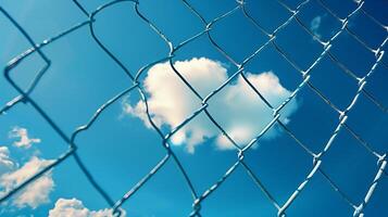 Clouds in the blue sky behind an open chain link fence. photo