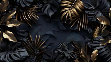 Black dark black cool background dark black and gold tropical leavs. Generated by artificial intelligence. photo