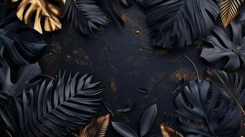 negro oscuro negro frio antecedentes oscuro negro y oro tropical hojas generado por artificial inteligencia. foto