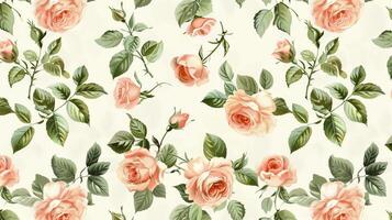 Peach-colored roses and green leaves pattern on a white background, in a vintage style, seamless wallpaper, with a pastel color palette. Generated by artificial intelligence. photo