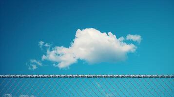 Clouds in the blue sky behind an open chain link fence. photo