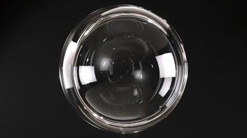 un esfera hecho de vaso, claro y transparente, frente vista, negro fondo, vaso burbuja. generado por artificial inteligencia. foto