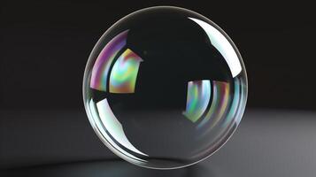 A sphere made of glass, clear and transparent, front view, black background, glass bubble. Generated by artificial intelligence. photo