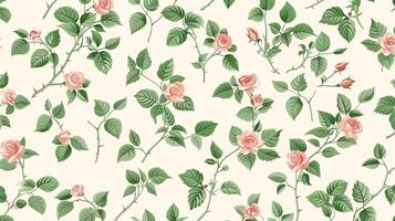 Peach-colored roses and green leaves pattern on a white background, in a vintage style, seamless wallpaper, with a pastel color palette. Generated by artificial intelligence. photo