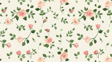 Peach-colored roses and green leaves pattern on a white background, in a vintage style, seamless wallpaper, with a pastel color palette. Generated by artificial intelligence. photo