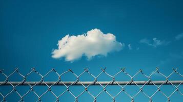 Clouds in the blue sky behind an open chain link fence. photo