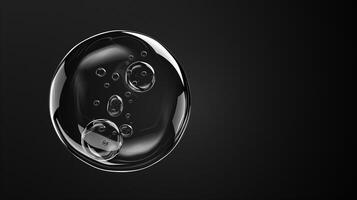 A sphere made of glass, clear and transparent, front view, black background, glass bubble. Generated by artificial intelligence. photo