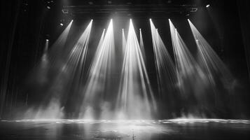 Black and white background, spotlight in of an empty room. Concrete floor and walls, cinematic light. Generated by artificial intelligence. photo