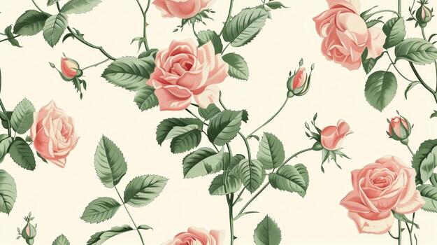 Peach-colored roses and green leaves pattern on a white background, in a vintage style, seamless wallpaper, with a pastel color palette. Generated by artificial intelligence. photo
