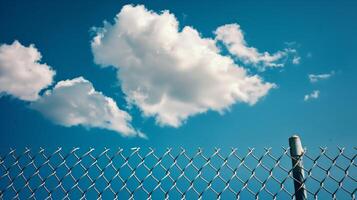 Clouds in the blue sky behind an open chain link fence. photo