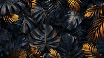 Black dark black cool background dark black and gold tropical leavs. Generated by artificial intelligence. photo