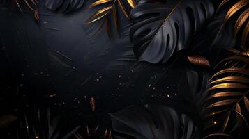 Black dark black cool background dark black and gold tropical leavs. Generated by artificial intelligence. photo