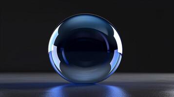 A sphere made of glass, clear and transparent, front view, black background, glass bubble. Generated by artificial intelligence. photo