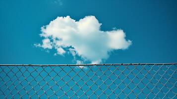 Clouds in the blue sky behind an open chain link fence. photo