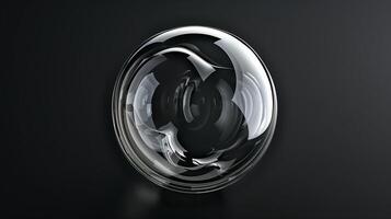 A sphere made of glass, clear and transparent, front view, black background, glass bubble. Generated by artificial intelligence. photo