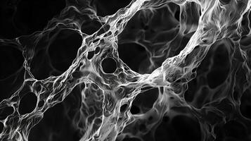 A high-resolution, monochrome micrograph of an intricate network of fibers in the skin resembling flowing water on the dark background. Generated by artificial intelligence. photo