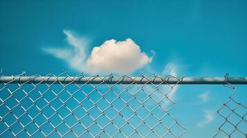 Clouds in the blue sky behind an open chain link fence. photo