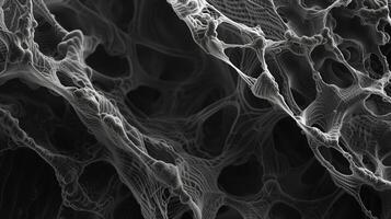A high-resolution, monochrome micrograph of an intricate network of fibers in the skin resembling flowing water on the dark background. Generated by artificial intelligence. photo