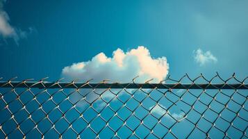 Clouds in the blue sky behind an open chain link fence. photo