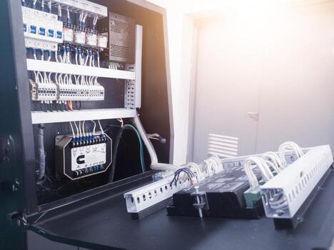 Installation terminals connection modul control display monitoring for generator power plant. photo