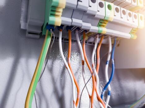 Electrical circuit terminal connection control board on the panel control. Technology of electrical control system. photo