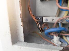 The panel's electrical cable melted due to overload. photo