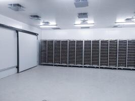 Several trolleys contain hatching eggs in the egg storage room so that the temperature of the eggs is maintained with Ceilling air vent on the cooling storage room before on hatching process. photo