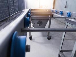 Close up the rollers track of candling machine for egg tray line work. photo