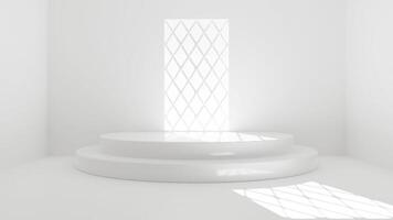 blanco podio en blanco natural antecedentes para producto monitor y suficiente vacío espacio para texto y contenido. 3d ilustración hacer foto