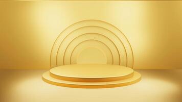 Gold Luxury podium color 3D background with geometric shapes circle, display empty pedestal on one floors Curved wall the platform for product presentation minimal, cosmetics, copy space, rendering. photo