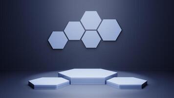 3d blue hexagon podium minimal studio background. Abstract 3d geometric shape object illustration render. Display for technology medical and science product photo