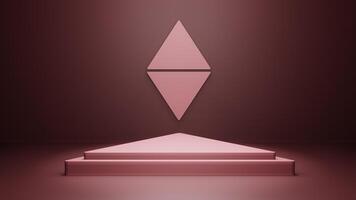 Red Ethereum podium platform for product presentation. 3d rendering luxury pedestal stand show. Empty tabletop stage studio scene background with spotlight photo