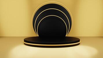 Abstract 3D podium with lighting gold color on a yellow background. Podium stage for an award ceremony or performance by an artist. Stock 3D redering illustration. photo
