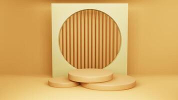 Abstract minimal scene with geometrical forms. Cylinder podiums in orange and yellow colors. Abstract background. Scene to show cosmetic podructs. Showcase, shopfront, display case. 3d render. photo